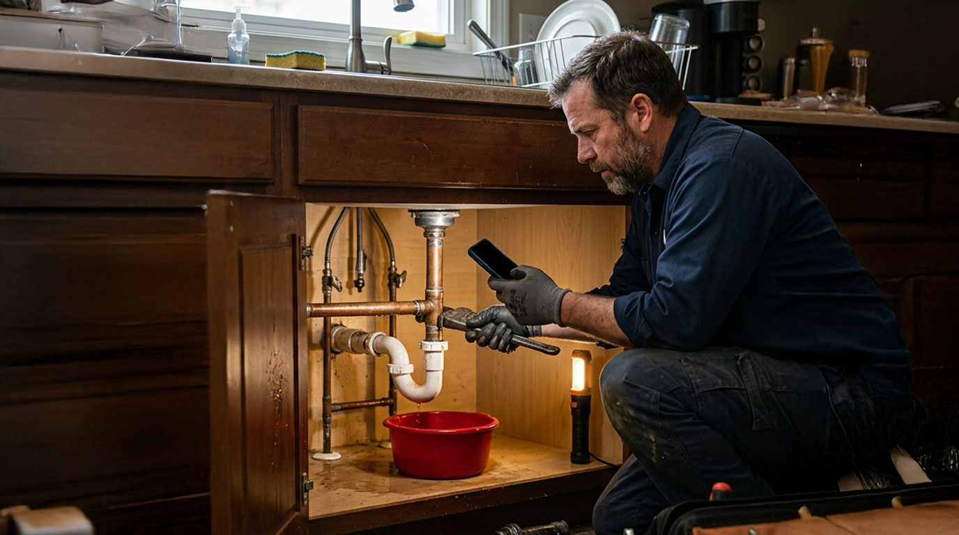 A plumber under a kitchen sink, his phone ringing